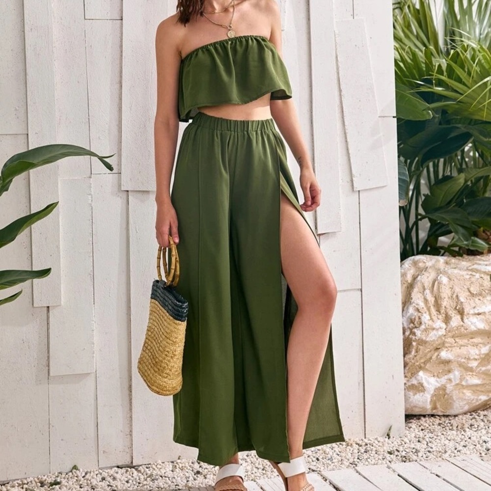 Tube Top & Split Thigh Wide Leg Pants Two-Piece
